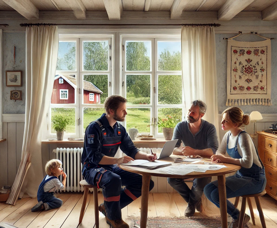 Snickare från norlux fönster går igenom offert fönster med kund.