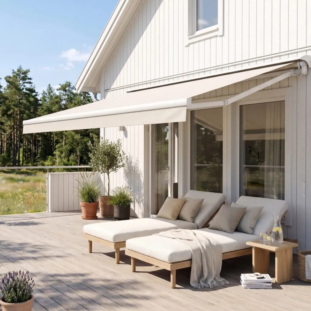 StyRa terrassmarkis modell T420 med skugga